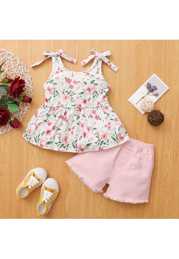 2pcs Toddler Girl Floral Bowknot Tank Sets