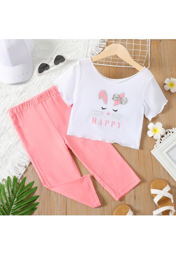 Easter 2-piece Kid Girl Letter Rabbit Print Sequined Bowknot Design Crop Tee and Pink Capri Pants Set