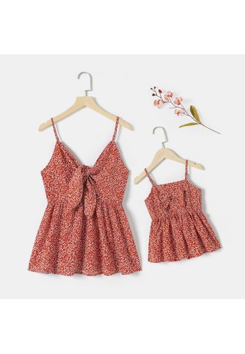 All Over Red Floral Print V Neck Spaghetti Strap Tops for Mom and Me