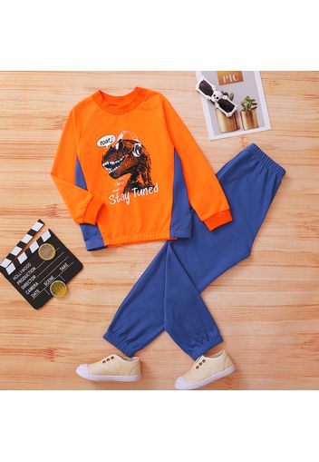 2-piece Kid Boy Letter Animal Dinosaur Print Colorblock Sweatshirt and Solid Color Pants Set