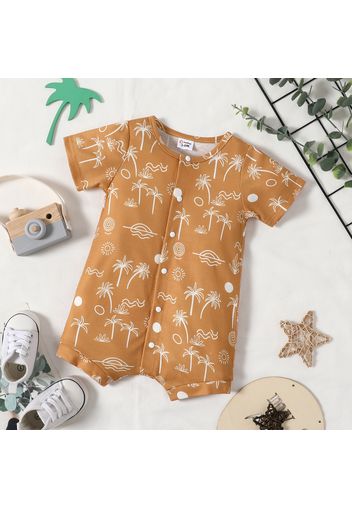 Baby Boy Ribbed Striped/Plant Print Snap Up Short-sleeve Romper