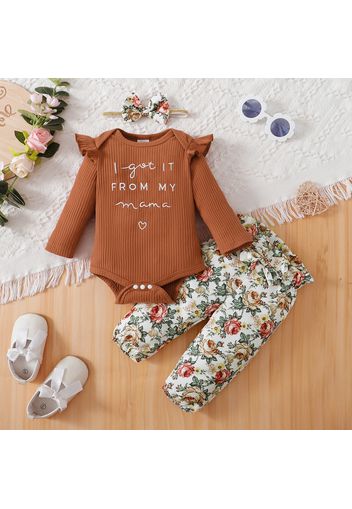 3pcs Baby Girl 95% Cotton Long-sleeve Letter Embroidered Rib Knit Romper and Allover Floral Print Pants with Headband Set