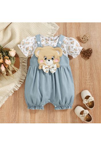 2pcs Baby Girl 100% Cotton Imitation Denim Cartoon Overalls and All Over Floral Print Puff-sleeve Top Set