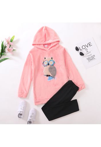 2-piece Kid Girl Animal Owl Embroidered Sequined Fuzzy Hoodie Sweatshirt and Pants Set