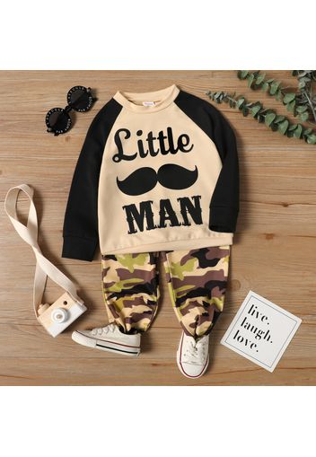 2-piece Toddler Boy Letter Print Colorblock Raglan Sleeve Sweatshirt and Camouflage Print Pants Set