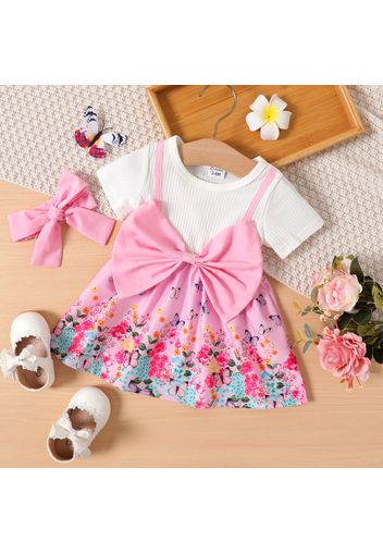 2pcs Baby Girl Ribbed Short-sleeve Bowknot Floral Print Dress with Headband Set