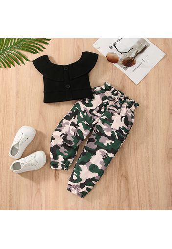 2pcs Toddler Girl Off Shoulder Flounce Sleeveless Black Tee and Camouflage Print Pants Set