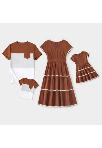 100% Cotton Family Matching Coffee Short-sleeve Tiered Dresses and Colorblock T-shirts Sets