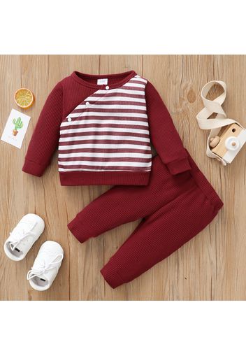 2pcs Baby Boy/Girl Striped Waffle Long-sleeve Top and Solid Trousers Set