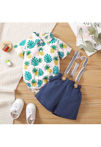 2pcs Baby Boy 100% Cotton Suspender Shorts and All Over Tropical Fruit Print Short-sleeve Romper Set