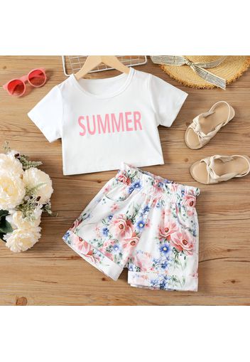 2pcs Kid Girl Letter Print Short-sleeve White Crop Tee and Floral Print Shorts Set