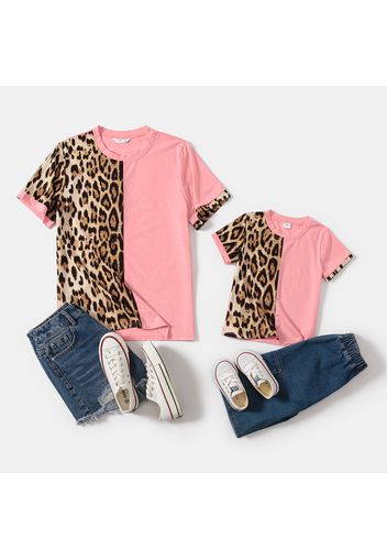 Pink Splicing Leopard Round Neck Short-sleeve T-shirts for Mom and Me