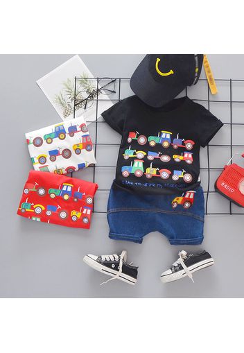 2pcs Toddler Boy Playful Denim and Vehicle Print Tee & Shorts Set