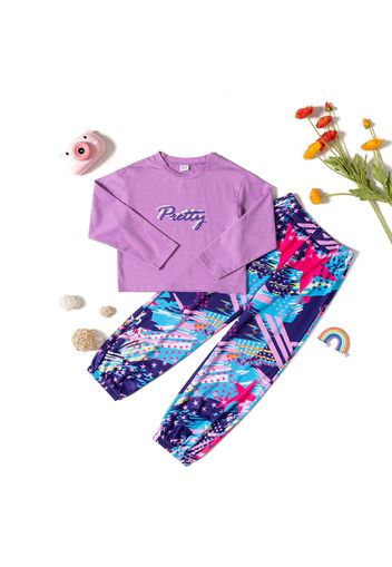 2-piece Kid Girl Letter Print Long-sleeve Tee and Painting Print Colorblock Pants Set