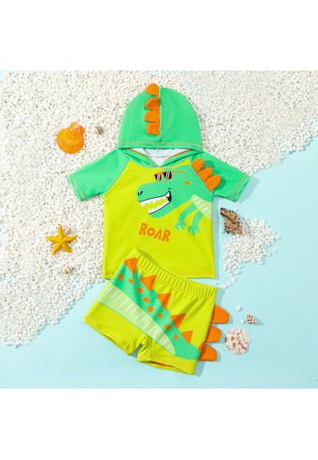 2pcs Toddler Boy Dinosaur Print Hooded Top and Shorts Swimsuit Set