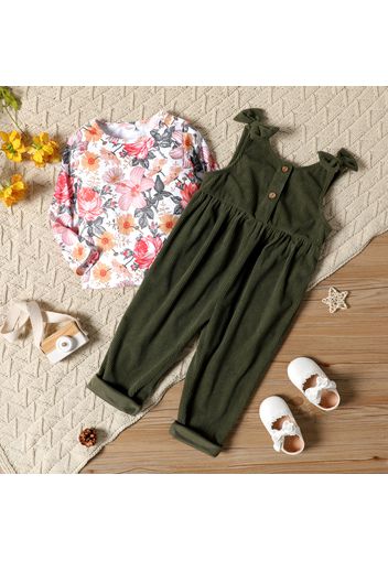 2-piece Toddler Girl Floral Print Round-collar Long-sleeve Tee and Bowknot Button Design Army Green Overalls Set