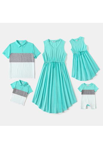 Family Matching Solid V Neck Tank Dresses and Short-sleeve Colorblock Polo Shirts Sets