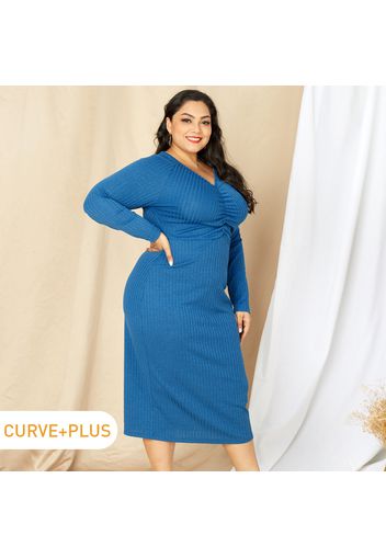 Women Plus Size Elegant V Neck Ruched Long-sleeve Black Bodycon Dress