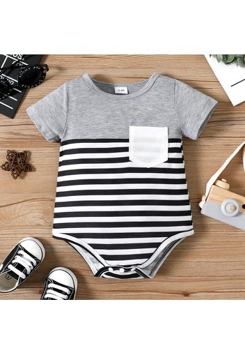 Baby Boy Color Block Short-sleeve Splicing Striped Romper with Pocket