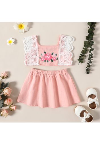 100% Cotton 2pcs Baby Girl Floral Embroidered Lace Sleeveless Tank Crop Top and Skirt Set