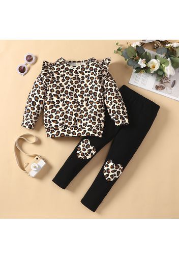 2-piece Toddler Girl Leopard Print Flutter Long-sleeve Top and Heart Pattern Pants Set