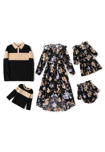 Family Matching All Over Floral Print Black Long-sleeve Ruffle Dresses and Color Block Tops Sets