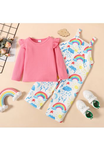 2-piece Toddler Girl Ruffled Ribbed Waffle Long-sleeve Top and Rainbow Sun Print Overalls Set