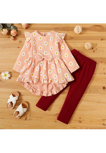 2-piece Toddler Girl Bowknot Design High Low Solid/Floral Print Long-sleeve Top and Leggings Set