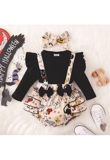 Baby 2pcs Halloween Pumpkin and Letter Print Ribbed Long-sleeve Ruffle Romper Set