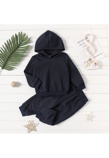 2-piece Toddler Boy Textured Dark Blue Hoodie Sweatshirt and Elasticized Pants Casual Set