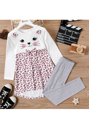 2-piece Kid Girl Cat Leopard Print Long-sleeve High Low Tee and Gray Elasticized Leggings Set