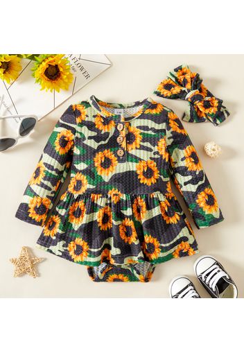 Baby 2pcs Waffle All Over Green Camouflage / Sunflower Floral Print Long-sleeve Romper Dress