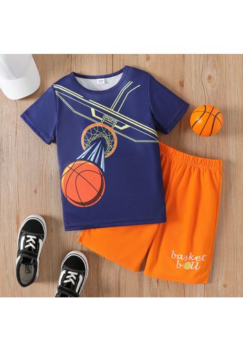 2pcs Kid Boy Sporty Basketball Print  Mesh Jacquard Fabric Short-sleeve Tee and Letter Print Shorts Set