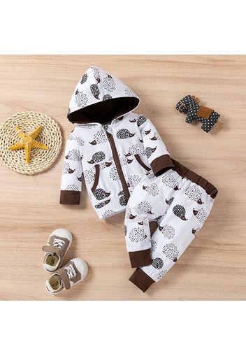 2pcs Baby All Over Cartoon Hedgehog Print Long-sleeve Zip Hoodie and Trousers Set