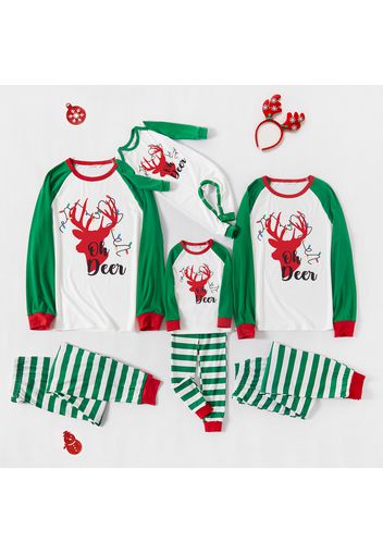 Christmas Deer and Letter Print Family Matching Green Raglan Long-sleeve Striped Pajamas Sets