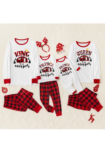 Christmas Cartoon Car and Letter Print Family Matching Long-sleeve Red Plaid Pajamas Sets (Flame Resistant)