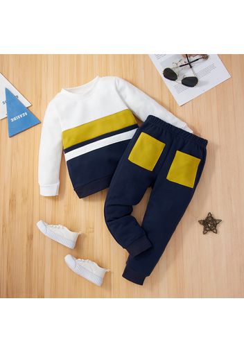 2-piece Toddler Boy Colorblock Round-collar Long-sleeve Top and and Elasticized Pants Casual Set