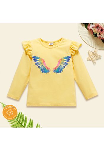 Toddler Girl Wings Print Ruffled Short-sleeve Pale Yellow Cotton Tee