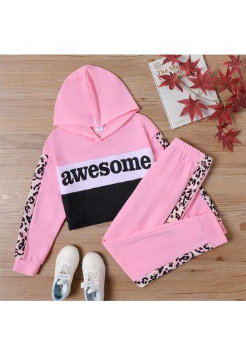 2-piece Kid Letter Leopard Print Colorblock Crop Hoodie Sweatshirt and Elasticized Pants Set