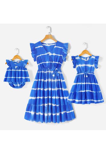 Blue Tie Dye Surplice Neck Ruffle-sleeve Dress for Mom and Me