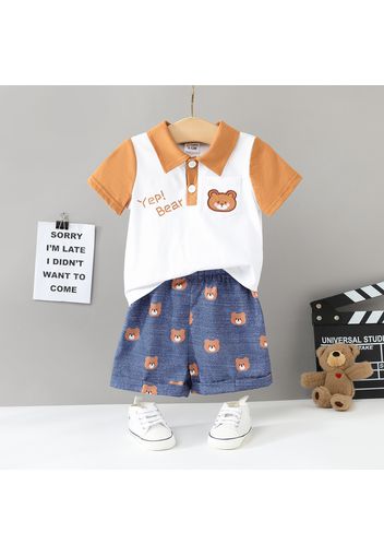 2pcs Baby Boy 100% Cotton Contrast Collar Short-sleeve Cartoon Bear & Letter Print Top and Shorts Set