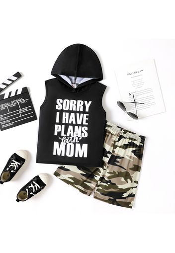 2pcs Kid Girl Letter Print Hooded Sleeveless Black Tee and Camouflage Print Shorts Set