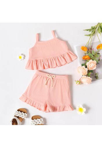2-piece Toddler Girl Solid Color Ribbed Ruffled Camisole and Elasticized Shorts Set