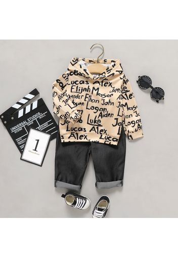 2pcs Baby Boy Allover Letter Print Long-sleeve Hoodie and Solid Pants Set