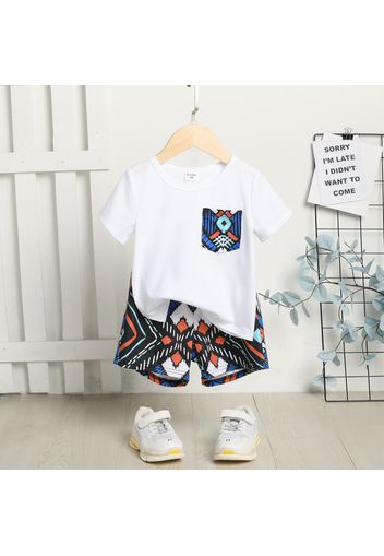 2pcs Toddler Boy Pocket Design Short-sleeve White Tee and Geo Allover Print Shorts Set