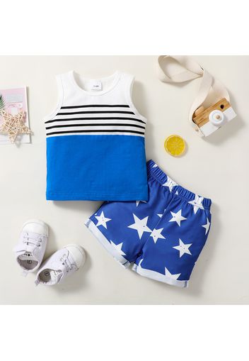 2pcs Baby Boy Striped Colorblock Sleeveless Tank Top and All Over Stars Print Shorts Set