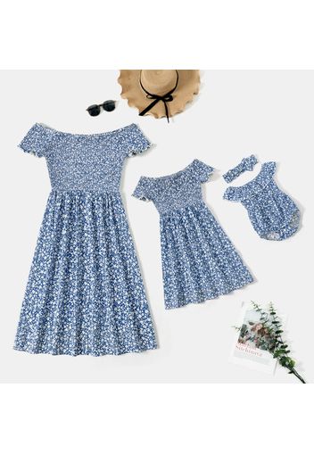 Allover Floral Print Blue Off Shoulder Short-sleeve Shirred Dress for Mom and Me