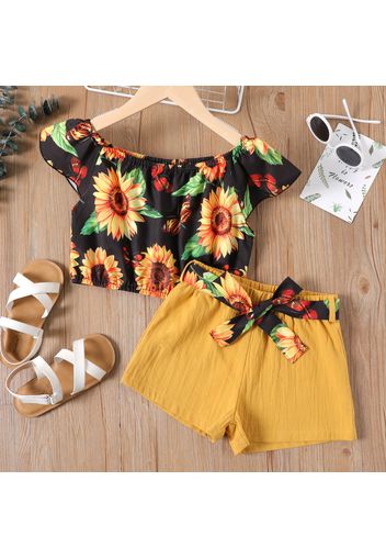 2-piece Kid Girl Floral Print Flutter-sleeve Top anf Belted Elasticized Shorts Set