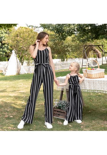 Black Striped Spaghetti Strap Belted Jumpsuits for Mom and Me