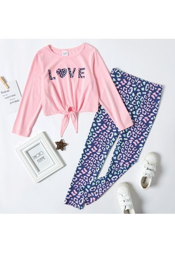 2-piece Kid Girl Letter Heart Print Tie Knot Long-sleeve Top and Leopard Leggings Set